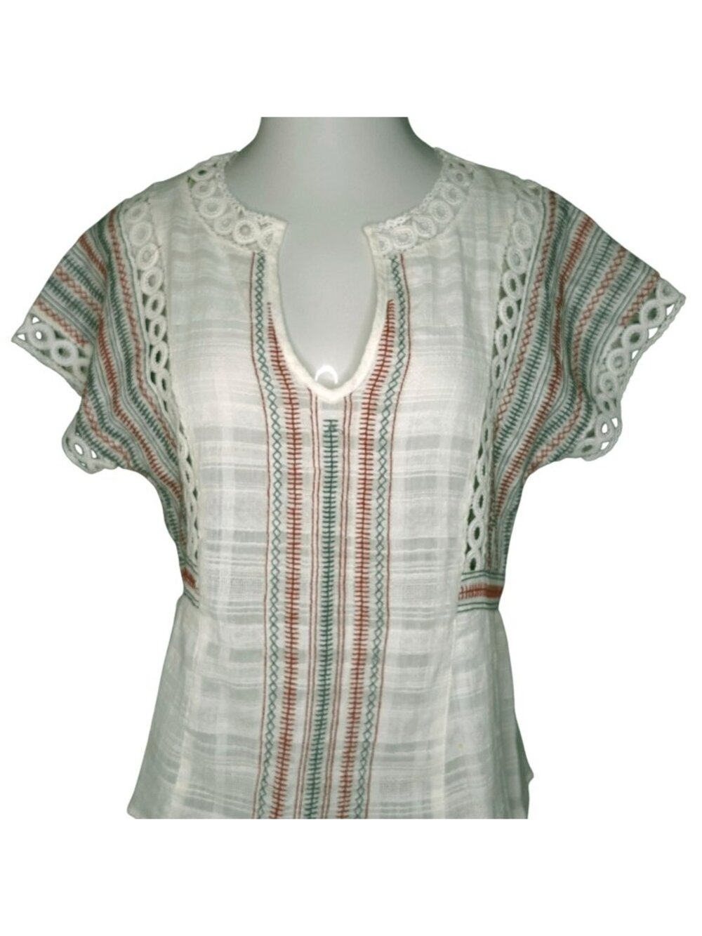 Gimmicks by BKE Boho-Inspired White Blouse S Embroidered Stripes Lace Details